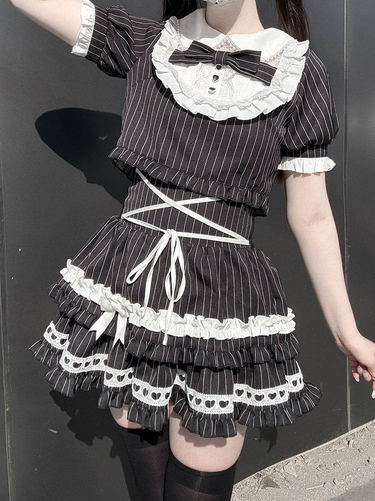 Black & White Striped Peter Pan Collar Set + Tiered Skirt - Bug Starting