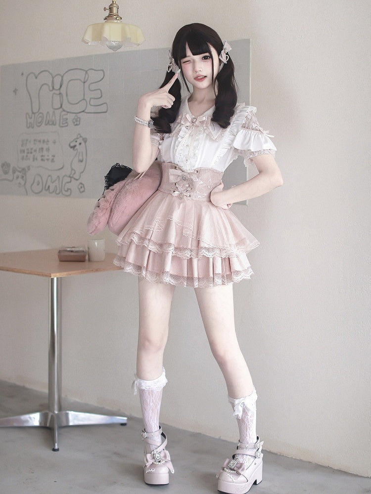 Landmine Style Pink & White Lace Cutout Shoulder Short Sleeve Blouse with Ruffle Details - Ekomi