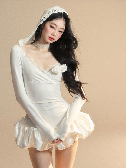 Floral Accents	Lace Skirt Mini Bubble Trim White V-Neck Dress Hooded Glamorous