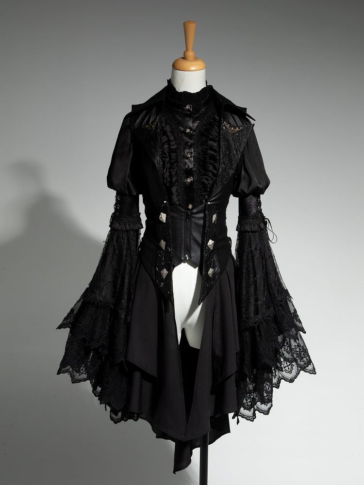 Lolita Ouji All Sleeves Tail Set Fashion Long Bell - Hemd + Weste Schwarz Gothic