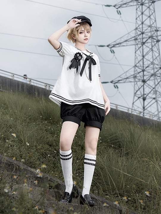 and Sailor Collar Black Shirt White Shorts Sleeves Short