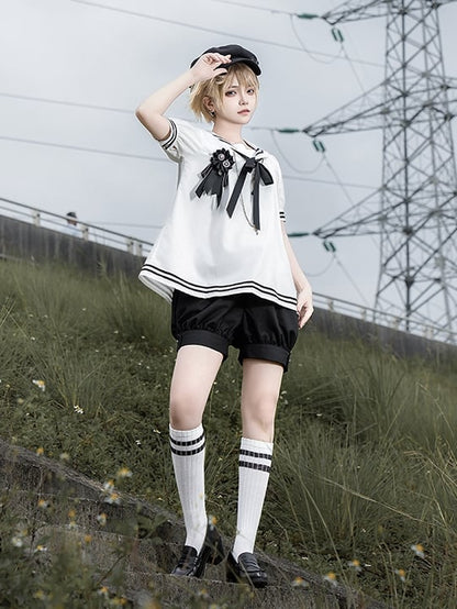 and Sailor Collar Black Shirt White Shorts Sleeves Short