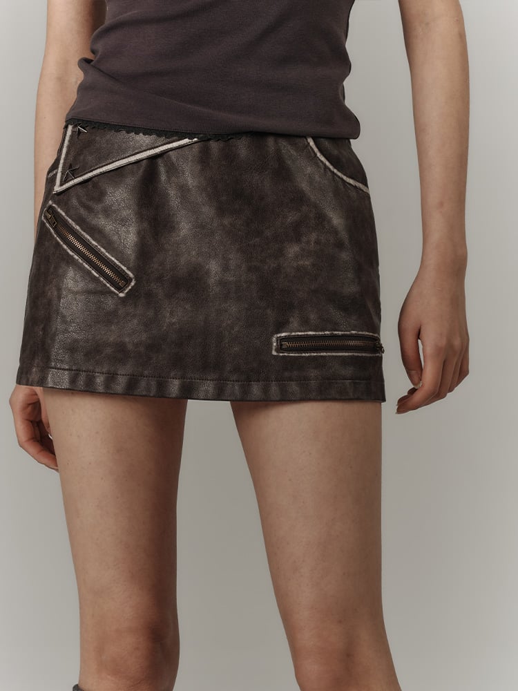 Zippers Flap Vintage Pockets Punk Coffee Skirt PU Asymmetrical Back with Mini