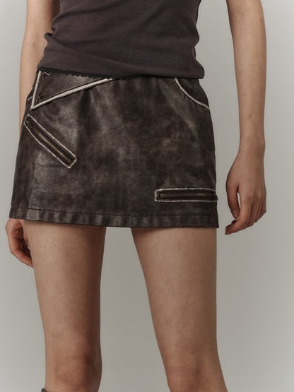 Zippers Flap Vintage Pockets Punk Coffee Skirt PU Asymmetrical Back with Mini
