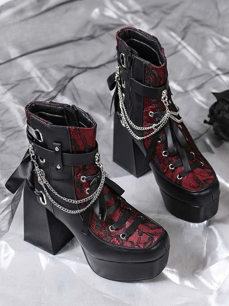 Platform Gothic Block Heel Style in Decor Black Chain High Boots Multi Removable Red System Fastening