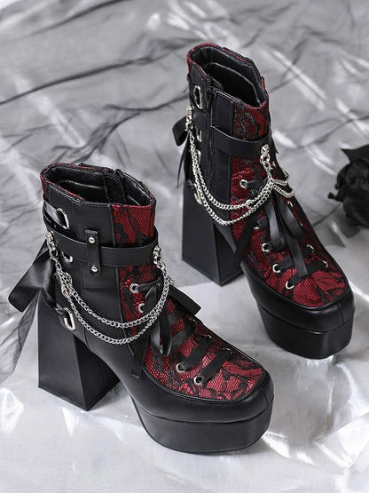Platform Gothic Block Heel Style in Decor Black Chain High Boots Multi Removable Red System Fastening