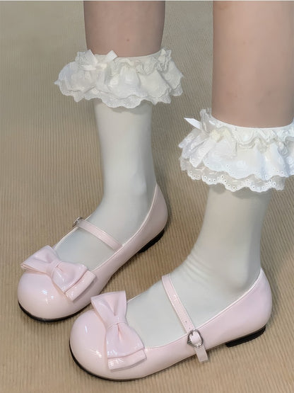 Zehentrenner mit Schleife, PU-Schnalle, Pink, süß, flach – mit Mary Round Lolita Heart