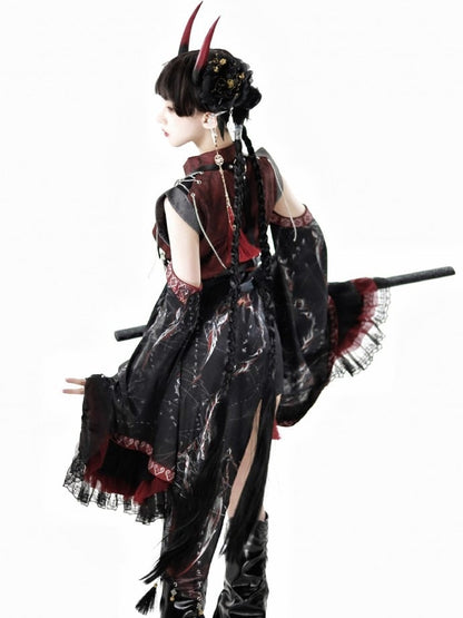 Dress Chest Vest Red - Corset cutout Asymmetrical with Black