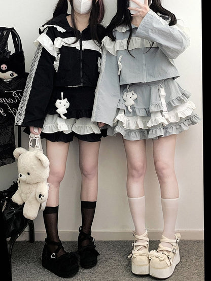 Blaue Spitzenakzente Techwear Landmine Style Kurzer Zip Hoodie