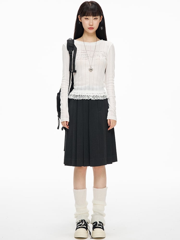 ホワイトレーストリムラウンドネックグラフィックTシャツ