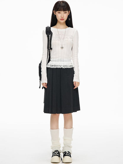 ホワイトレーストリムラウンドネックグラフィックTシャツ