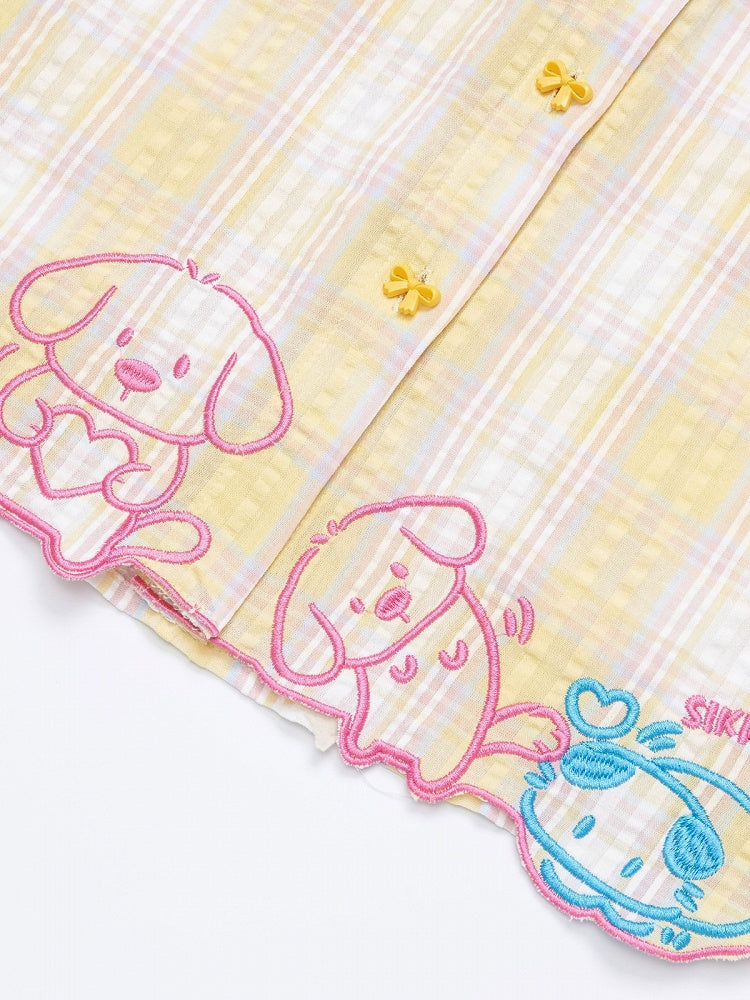 Golden Tartan Short-Sleeve Blouse with Pup Hem and Ribbon Closures - Languid Park