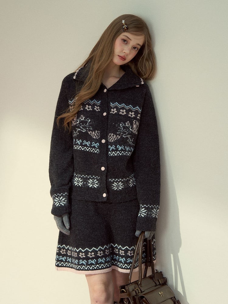 Design Knit Gray Kawaii Skirt with Cat Pattern Vintage Dark