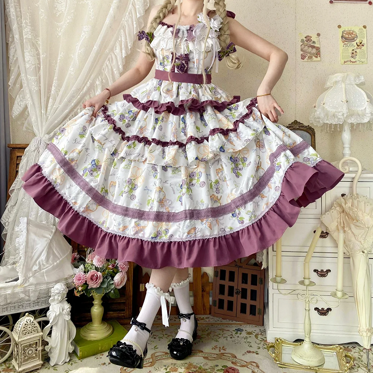 Lolita-Rüschen und Eiscreme-Lila-Rock, gestuftes Blaubeerkleid, Besatz mit Print