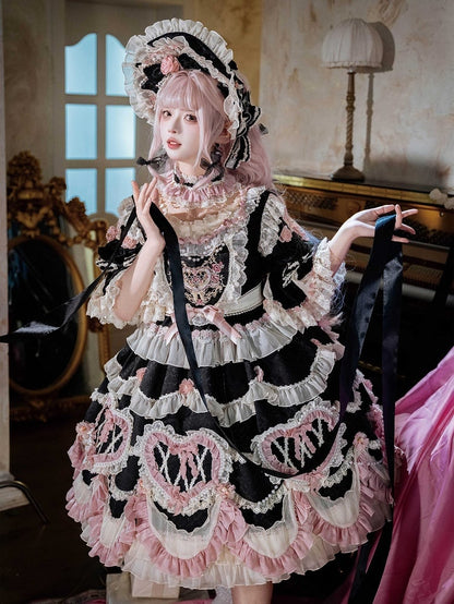 Schwarzes Hanayome-Rosetten-Stickerei-Blumen- und Perlenketten-Lolita-OP-Komplettset