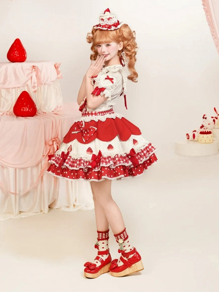 Lolita and Strawberry Red Overall Sweetheart Applique Dress Sweet Print Bows with