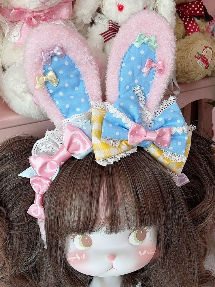 Details 3 Polka-dot And Color Bowknot Ear Bunny Plaid Pattern KC Options Plush