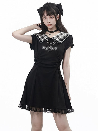 Dark Kawaii Black Plaid Sailor Collar Short Sleeve Dress with Cross Motif & Lace Trim, Gathered Waist - PINK SAVIOR