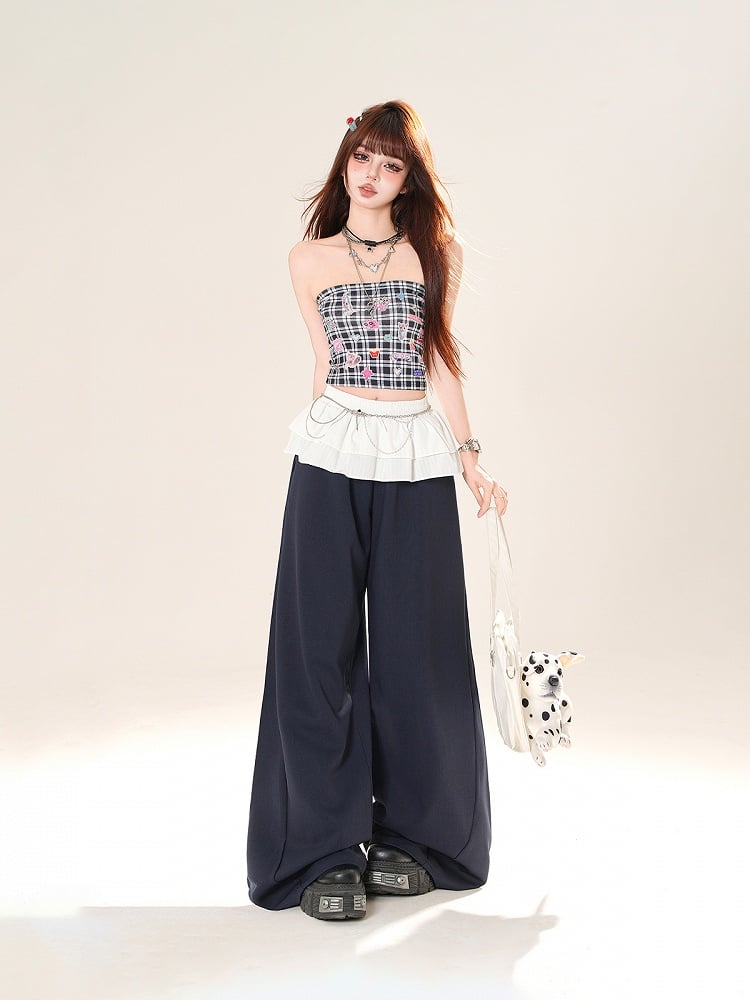 ネイビーブルーのゆったりワイドレッグカジュアルパンツ