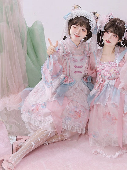 Long with Print Golden Blue Lolita and Sleeves Fish Pink Dress Floral Han