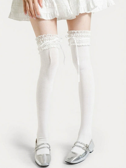 Lace Trim Overknee Stockings with Bowknot Details in 4 Options - ModaSwings