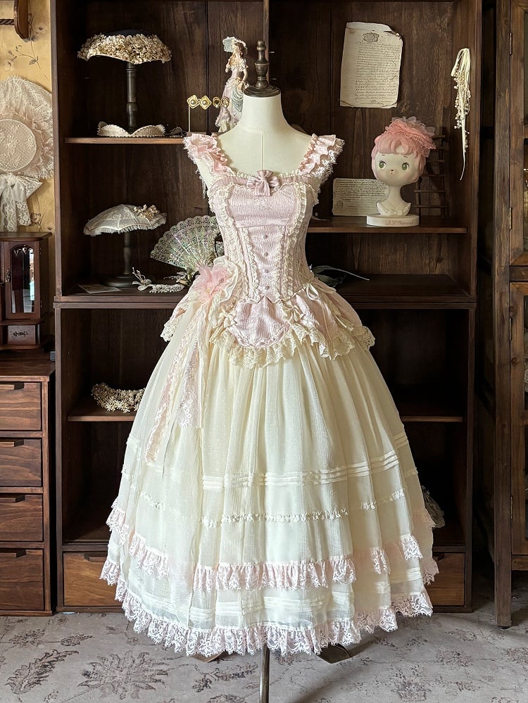 Beige Lolita Pink Skirt Top Corset Jacquard Set Elegant Classic Boned Long +