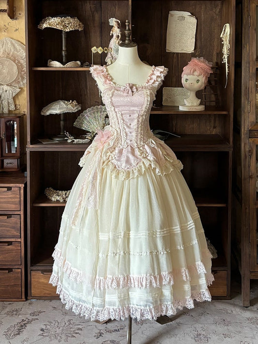 Beige Lolita Pink Skirt Top Corset Jacquard Set Elegant Classic Boned Long +