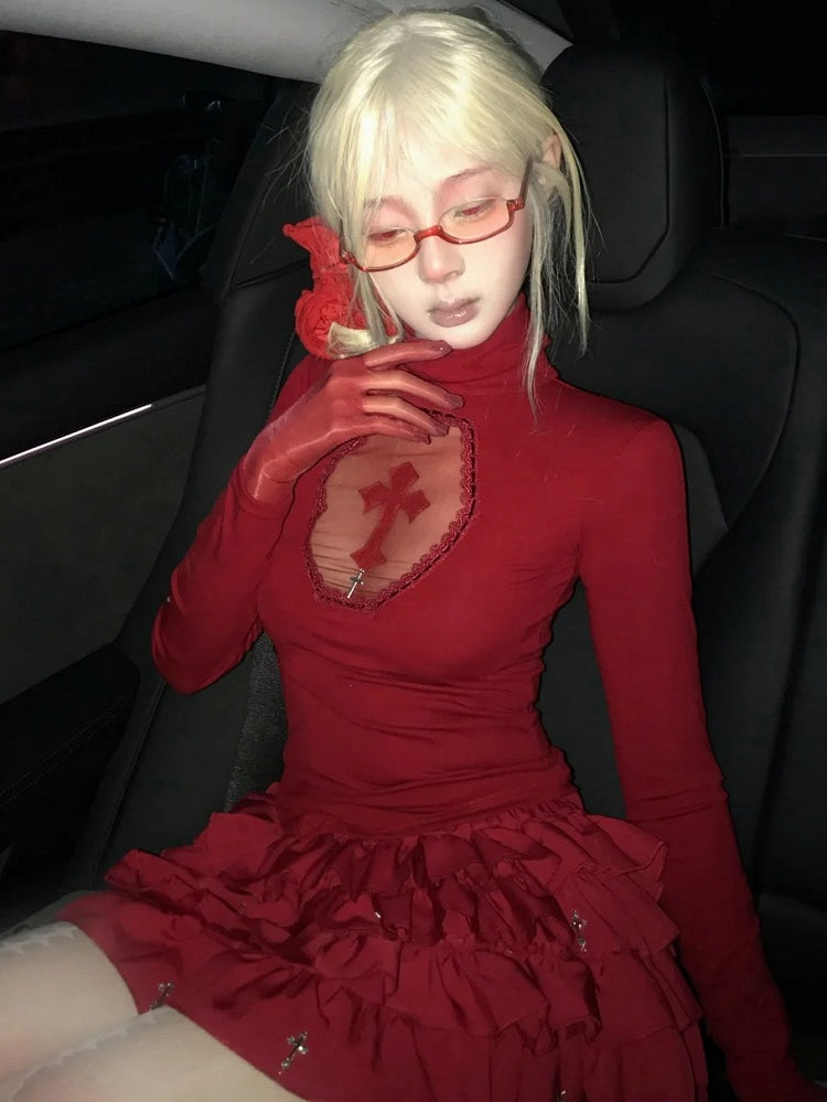 Gothic Red Coffin Cutout Cross Detail Modal High Neck Top Asymmetrical Hem