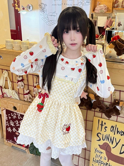 Flutter Dot Plaid Charm Bow Yellow Polka Trim Apron - Lace Strawberry Sleeve