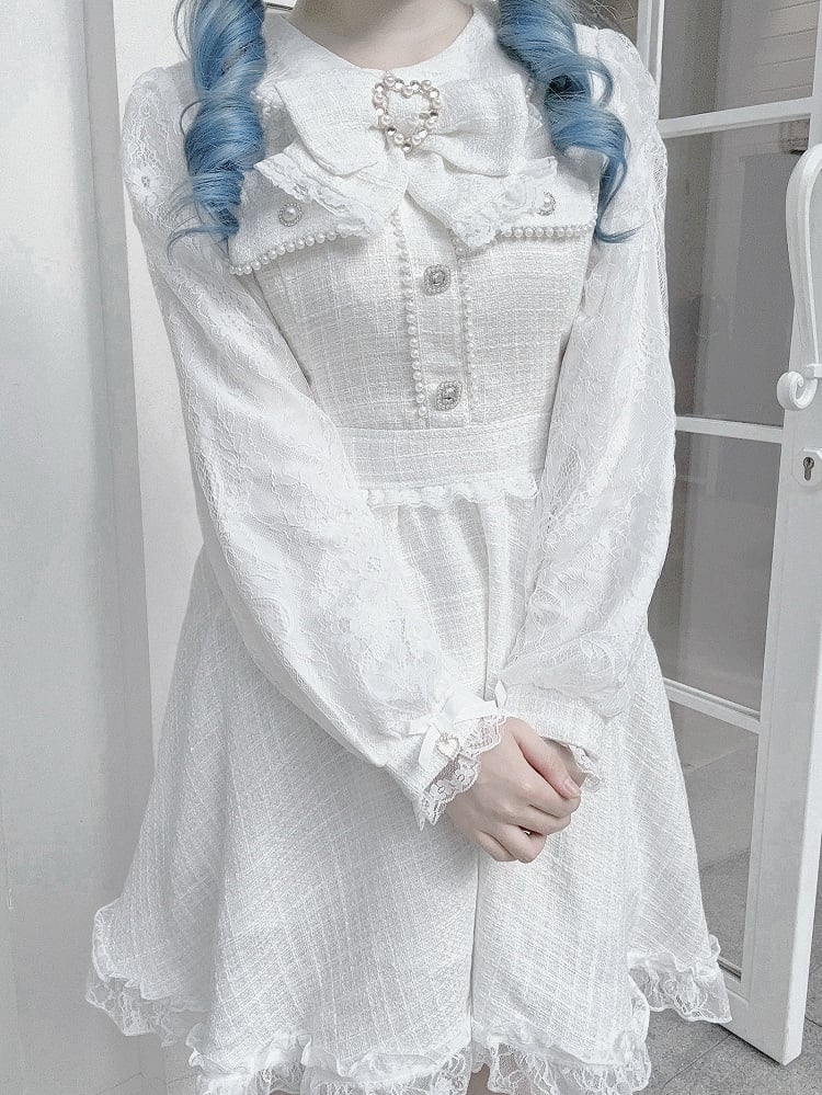 with Long Jirai Dress Kei Tweed Lace Sleeves White