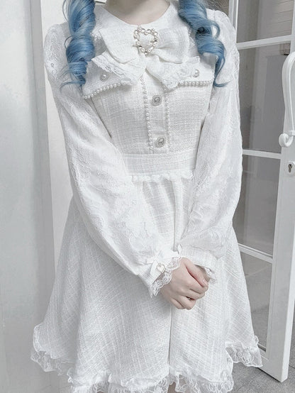 with Long Jirai Dress Kei Tweed Lace Sleeves White
