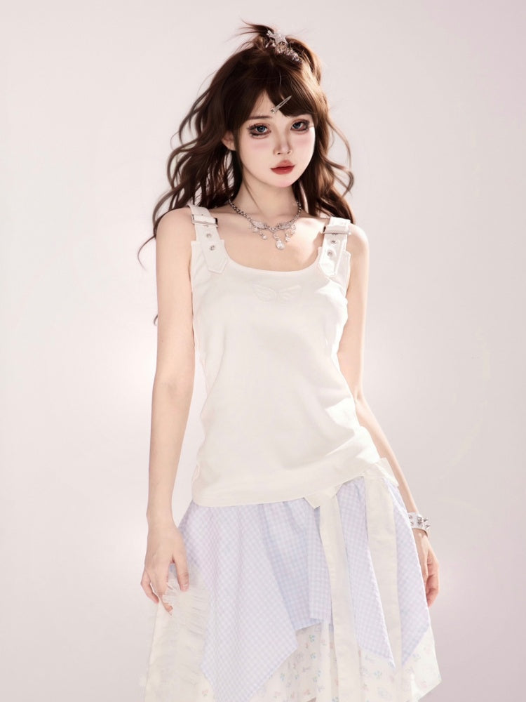 肩に白い天使の羽のデザイン、背中にタンクトップ、調節可能なストラップ