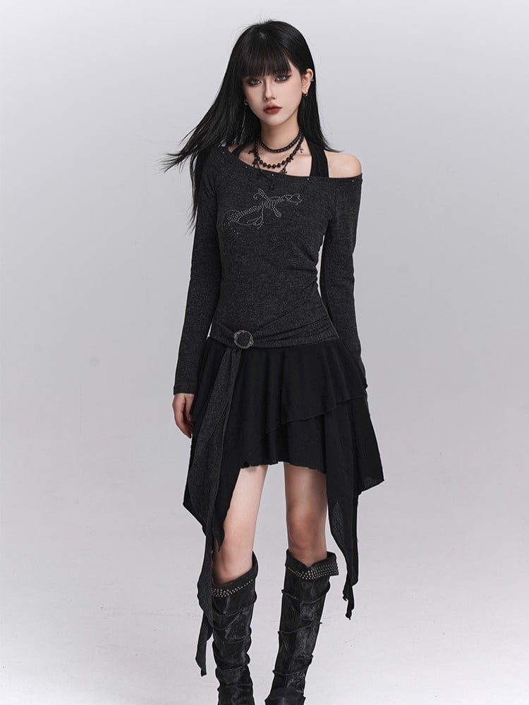 Skirt Gothic Faux Two-Piece Gray Hem Top Off-Shoulder Handkerchief Halter Dress: Studded Tiered Dark