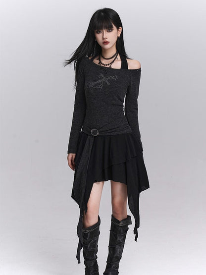 Skirt Gothic Faux Two-Piece Gray Hem Top Off-Shoulder Handkerchief Halter Dress: Studded Tiered Dark