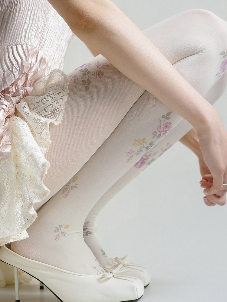 Floral-Printed Vintage Milk White Pantyhose Tights - Night Experiment
