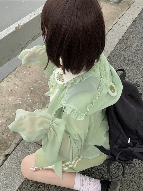 Halbtransparentes Sonnenschutz-Oberteil mit Froschhaube, hellgrüner Chiffon