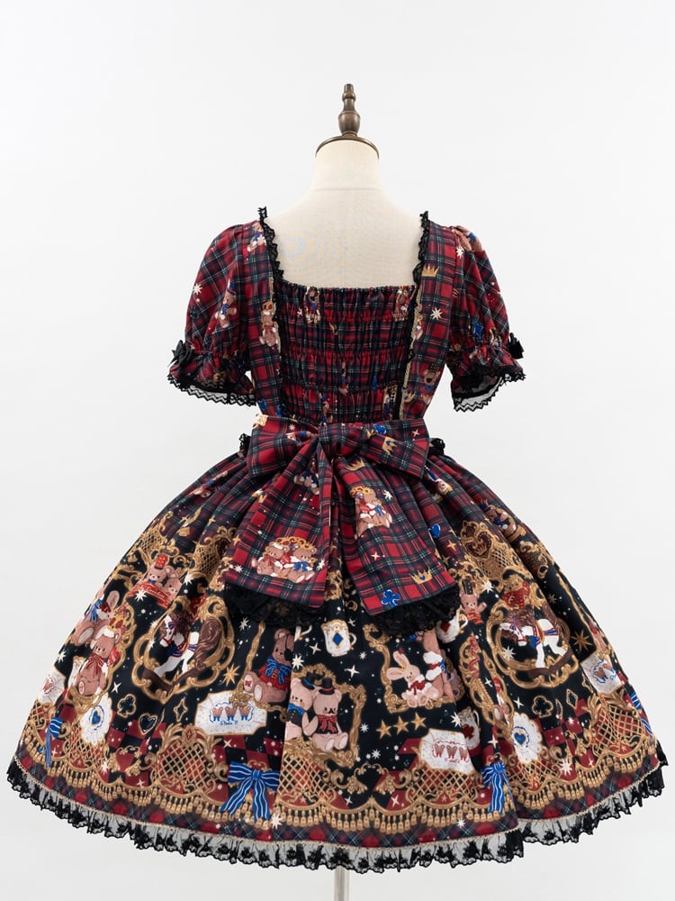 Print Puff Lace Lolita Trim Sleeves Dress Red and Black Bear Sweet Plaid with