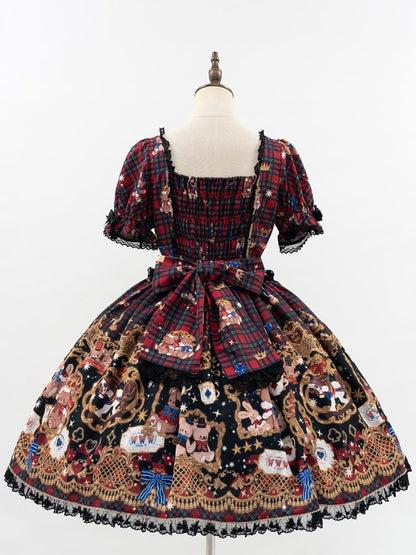 Print Puff Lace Lolita Trim Sleeves Dress Red and Black Bear Sweet Plaid with