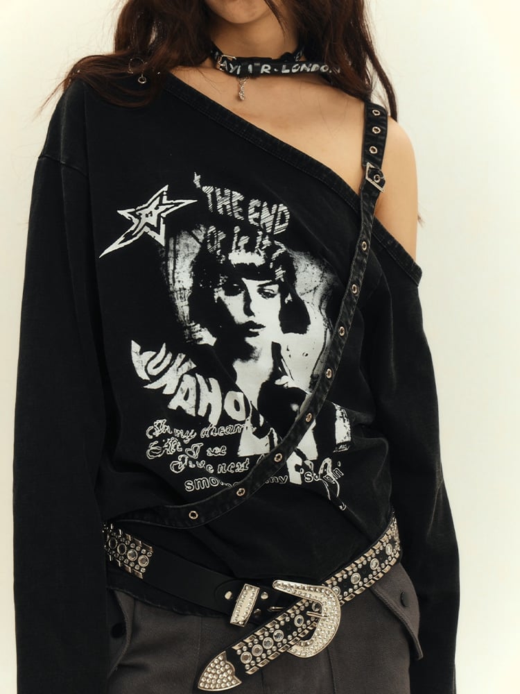 Cutout Schulter Top Y2K Punk Schwarz Asymmetrisch