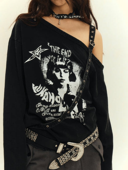 Cutout Schulter Top Y2K Punk Schwarz Asymmetrisch