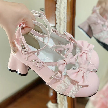 Heart - Sweet Design Mary Pink Kitten Lolita Mid-Heel Heel Janes Crisscross Snap with