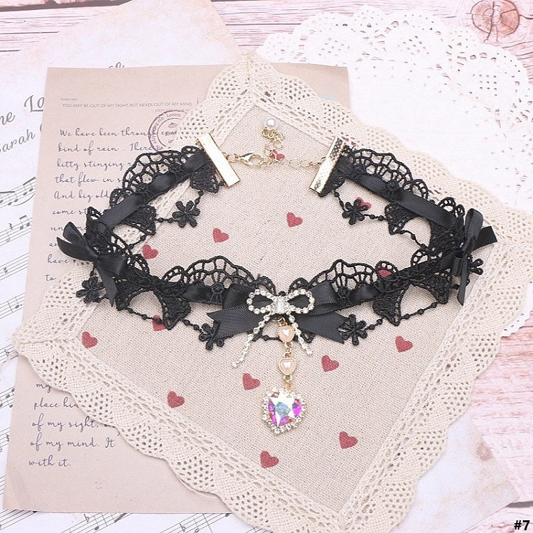 Kei 12 Heart Rhinestone Lace Choker Jirai Bowknot Options Color