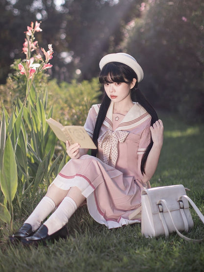 Sleeves Sweet Beige Embroidery Short Collar Sakura Top with Pink Sailor