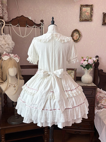 Hime Pink und Peter Pan Kragen Stufenrock Balletcore Lolita Kleid Weiß OP