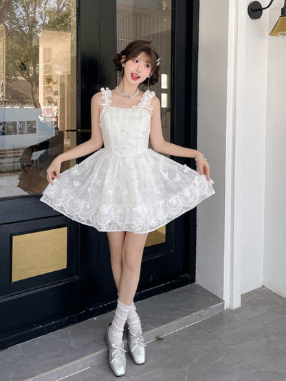 Sleeveless Dress Embellished Sweet White Ruffled Square Neckline Butterfly
