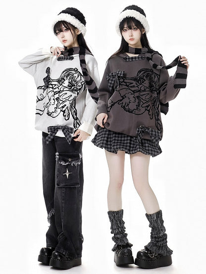 White/Grey Little Cartoon Girl  Hooded Sweater