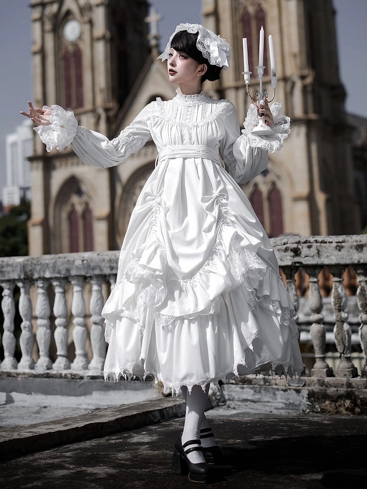 Gothic Ruffled with Versatile Hem Dress Lolita White Drawstring Velvet