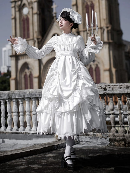 Gothic Ruffled with Versatile Hem Dress Lolita White Drawstring Velvet