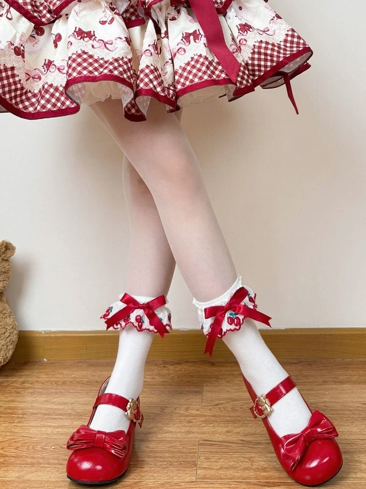 Two-Option Bow Ankle Socks in Red and White with Cherry Pattern - Fat Bear Story