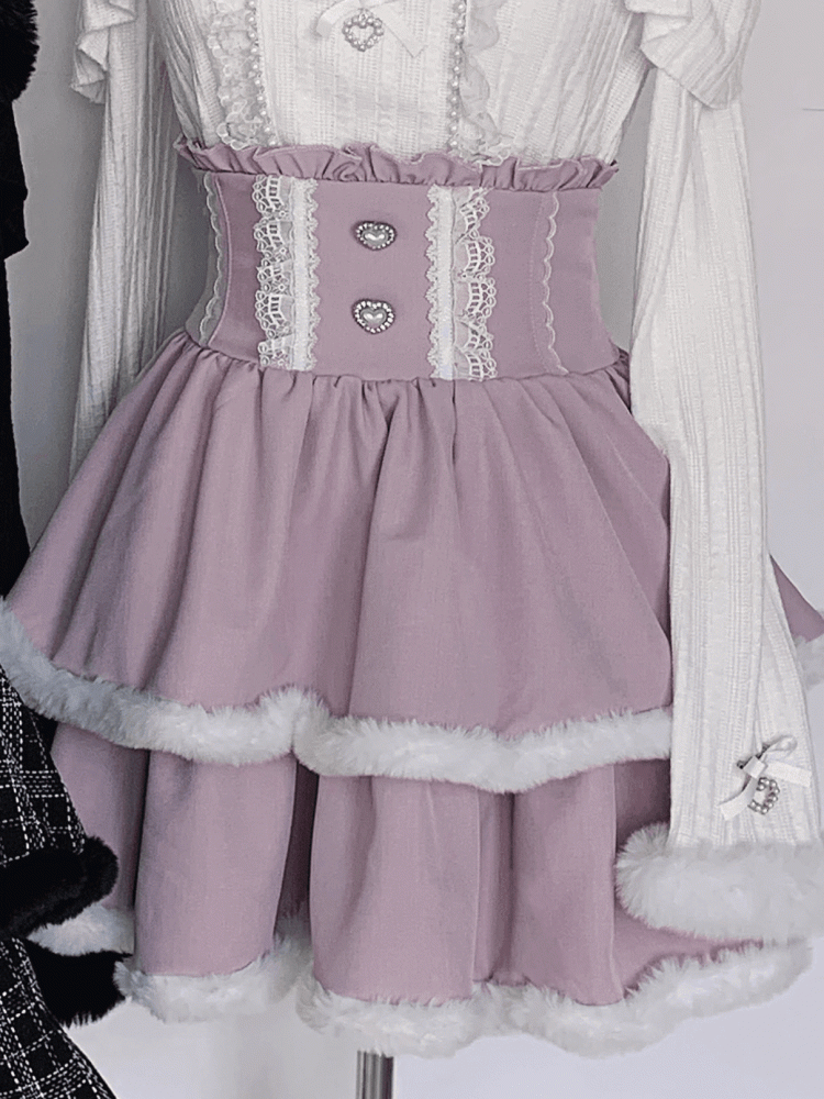 High Waist Tiered Skirt Double-Layered Plush Trim  Plaid Jirai Kei Pink/Black